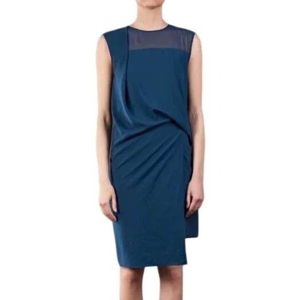 HELMUT LANG Asymmetric Draped Midi Dress Teal Blue Minimalist Size 6